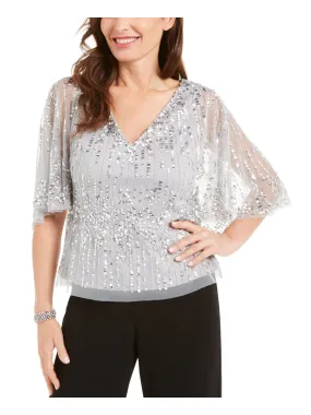 ADRIANNA PAPELL Womens Gray Sequined Sleeveless V Neck Evening Top