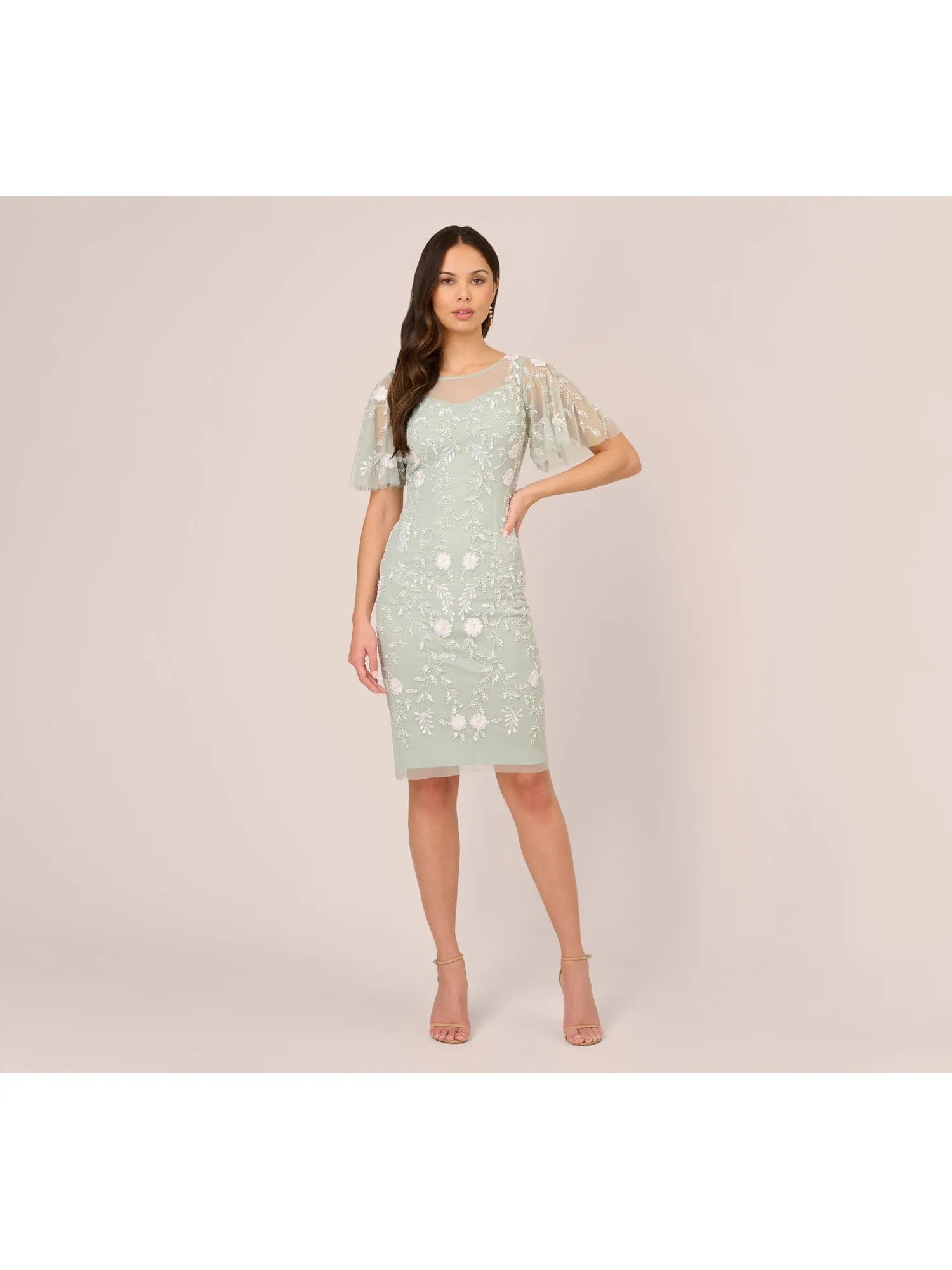 ADRIANNA PAPELL Womens Green Embroidered Zippered Illusion Lined Sheer Floral Flutter Sleeve Boat Neck Knee Length Cocktail Sheath Dress