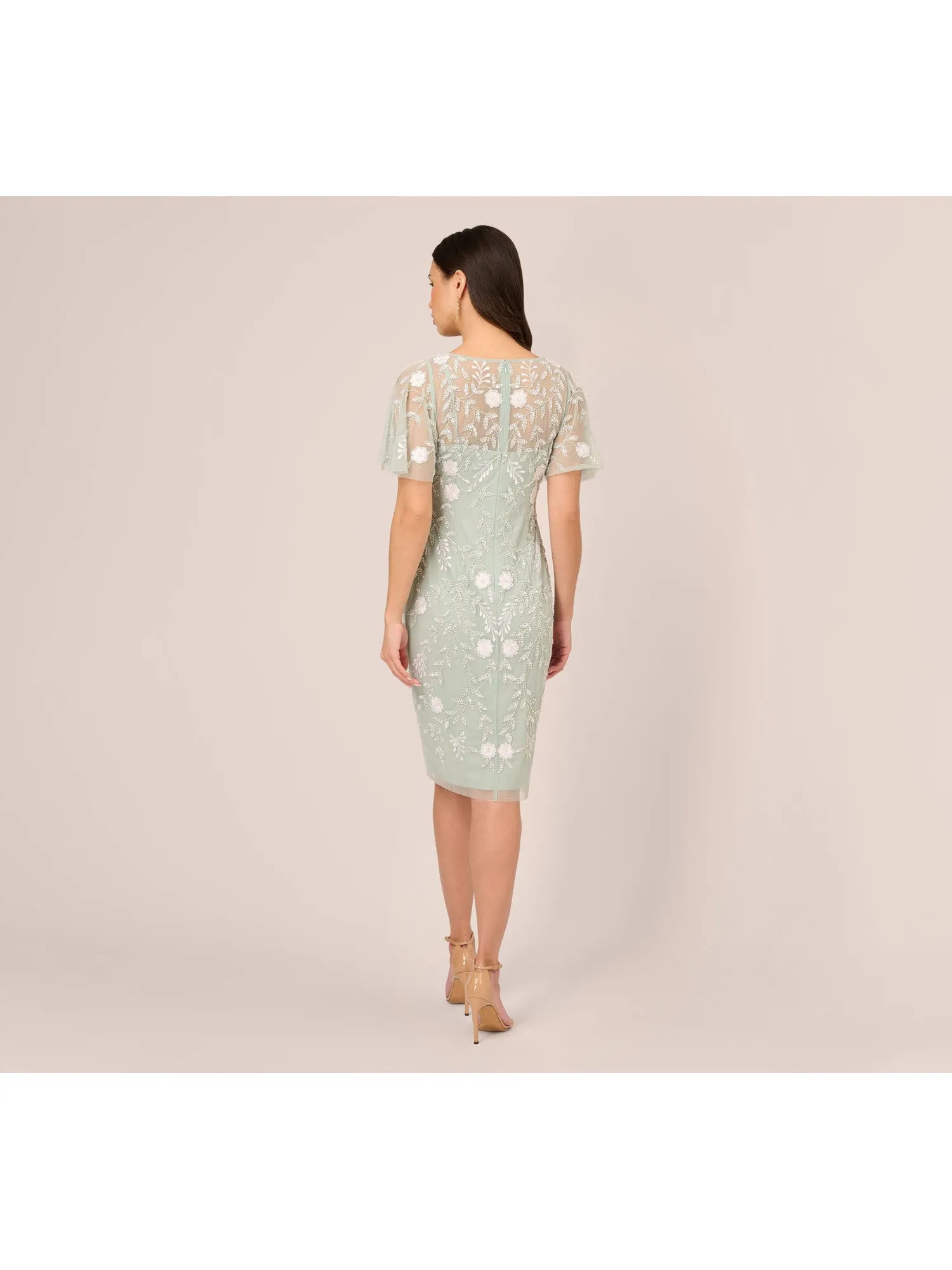 ADRIANNA PAPELL Womens Green Embroidered Zippered Illusion Lined Sheer Floral Flutter Sleeve Boat Neck Knee Length Cocktail Sheath Dress