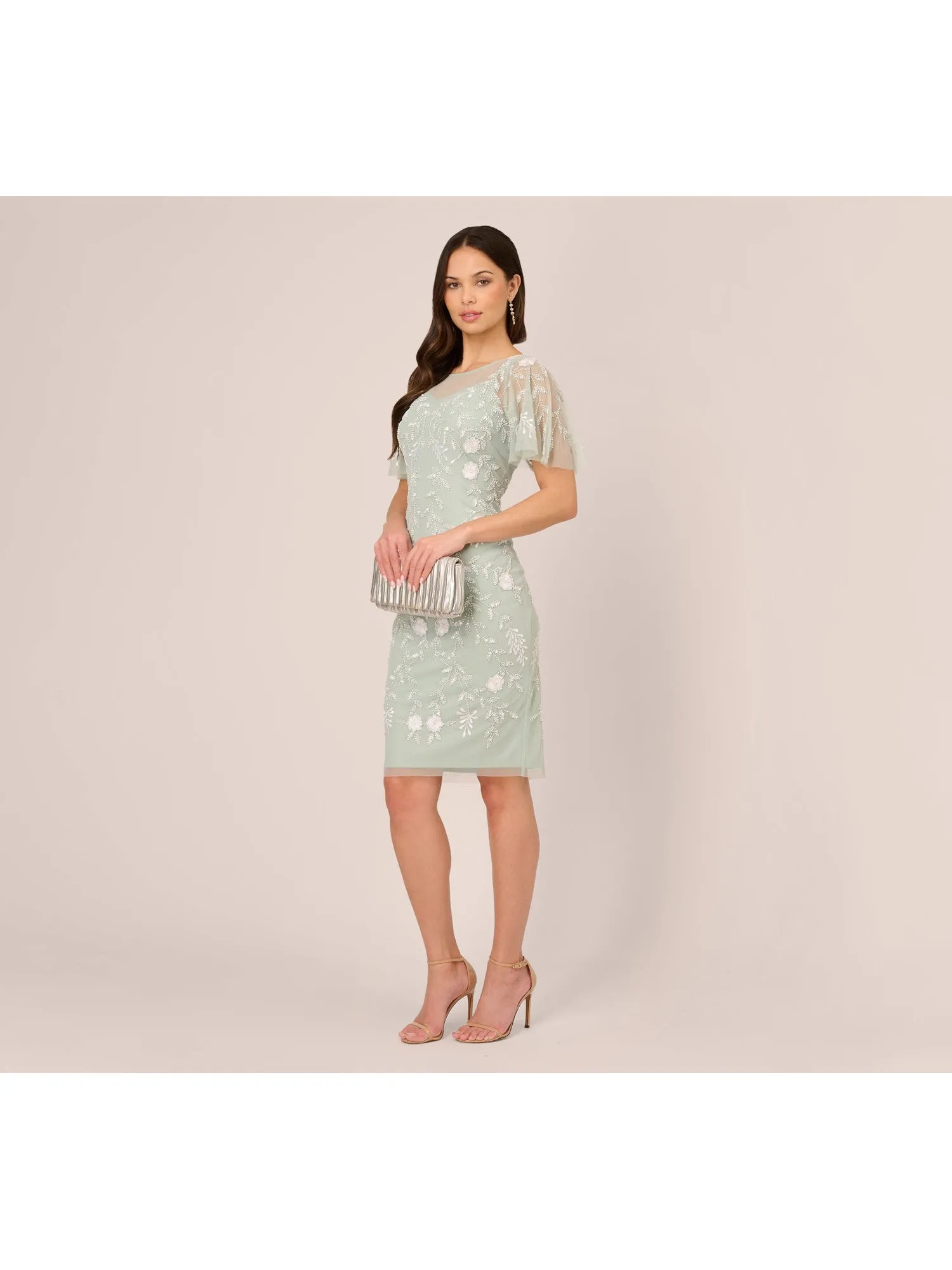 ADRIANNA PAPELL Womens Green Embroidered Zippered Illusion Lined Sheer Floral Flutter Sleeve Boat Neck Knee Length Cocktail Sheath Dress