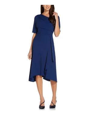 ADRIANNA PAPELL Womens Navy Short Sleeve Asymmetrical Neckline Evening Fit   Flare Dress