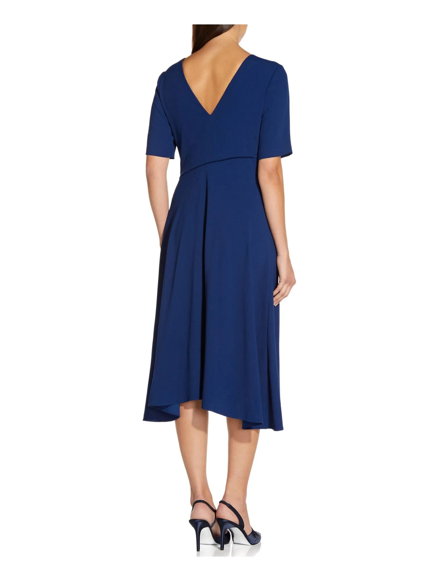 ADRIANNA PAPELL Womens Navy Short Sleeve Asymmetrical Neckline Evening Fit   Flare Dress