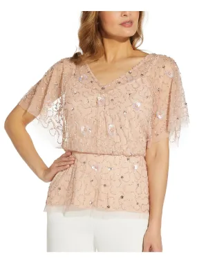 ADRIANNA PAPELL Womens Pink Embellished Zippered Lined Flutter Sleeve V Neck Party Blouse