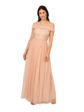 ADRIANNA PAPELL Womens Pink Mesh Zippered Slitted Lined Short Sleeve Off Shoulder Full-Length Evening Gown Dress