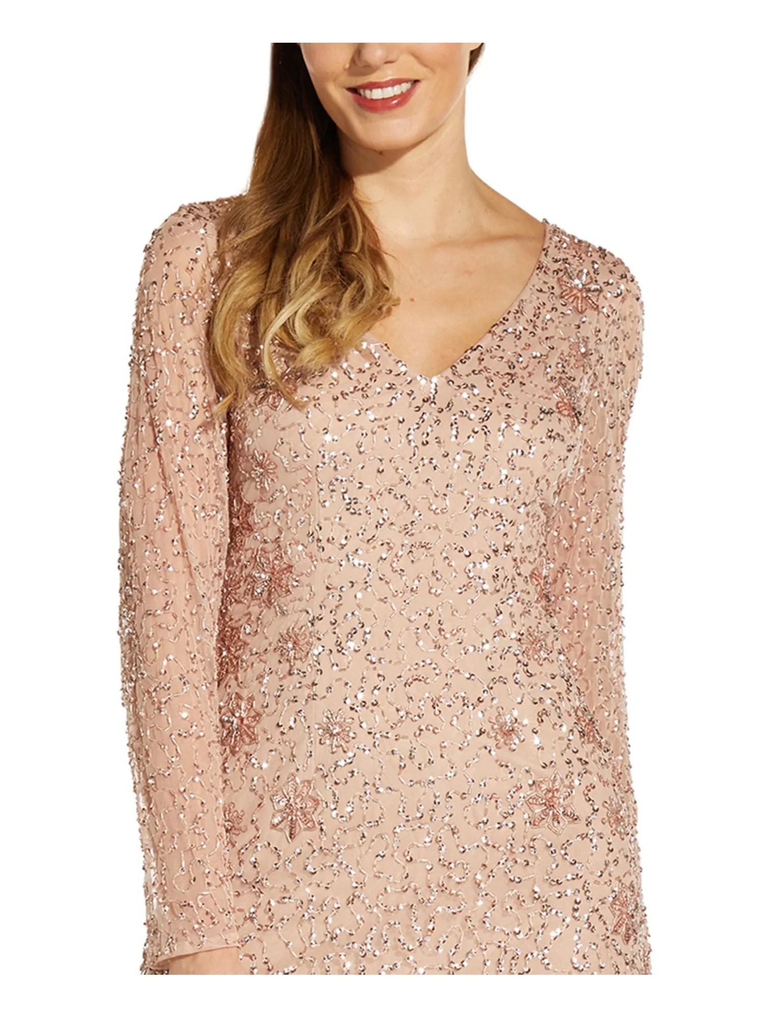 ADRIANNA PAPELL Womens Pink Stretch Beaded Sequined Long Sleeve V Neck Short Cocktail Fit   Flare Dress