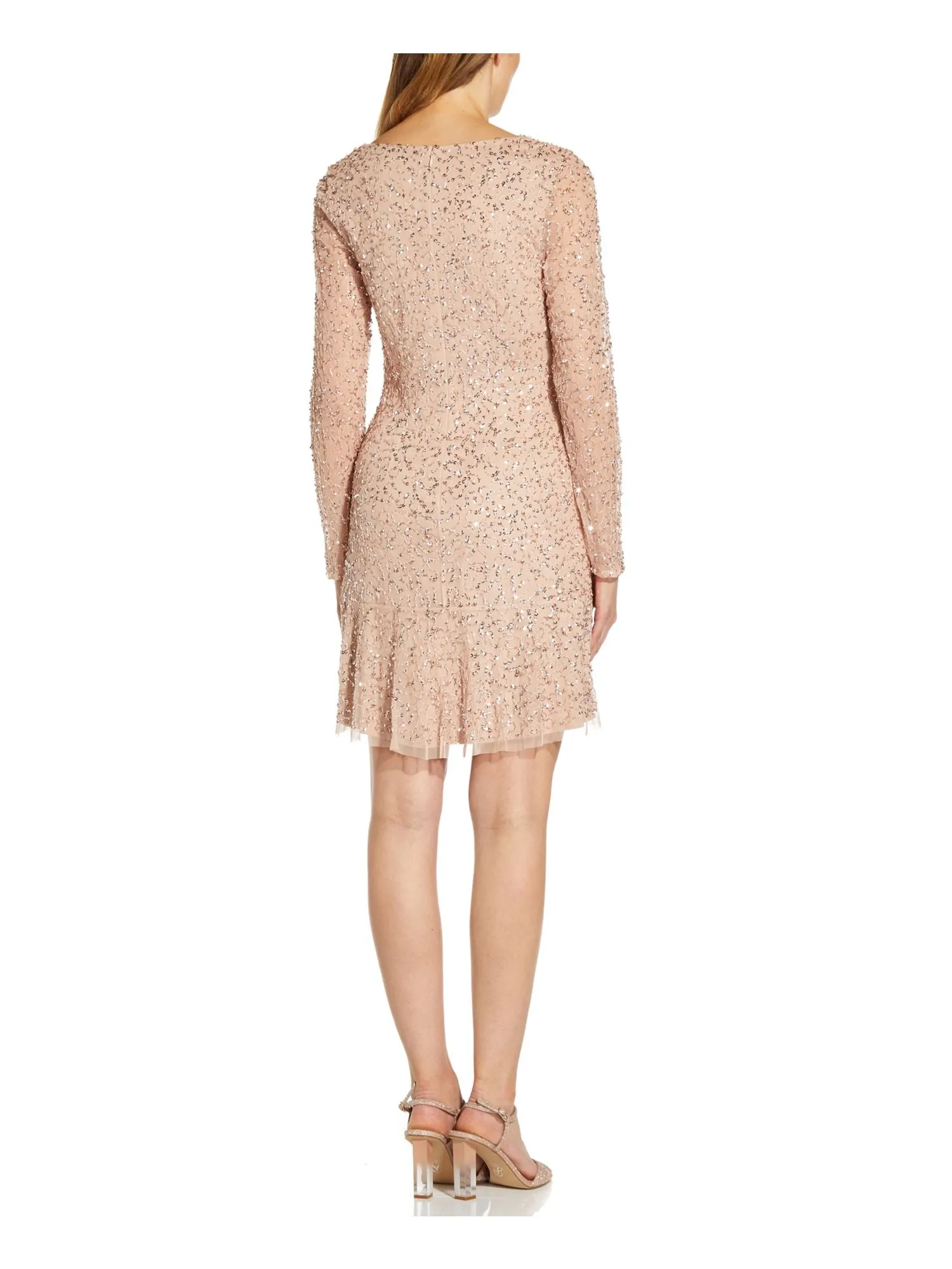 ADRIANNA PAPELL Womens Pink Stretch Beaded Sequined Long Sleeve V Neck Short Cocktail Fit   Flare Dress