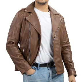 Biker Style Genuine Leather Jacket Men - Vintage Look Asymmetric Zip-Up Hand Waxed Leather Lapel Style Motorcycle Jacket-Cognac