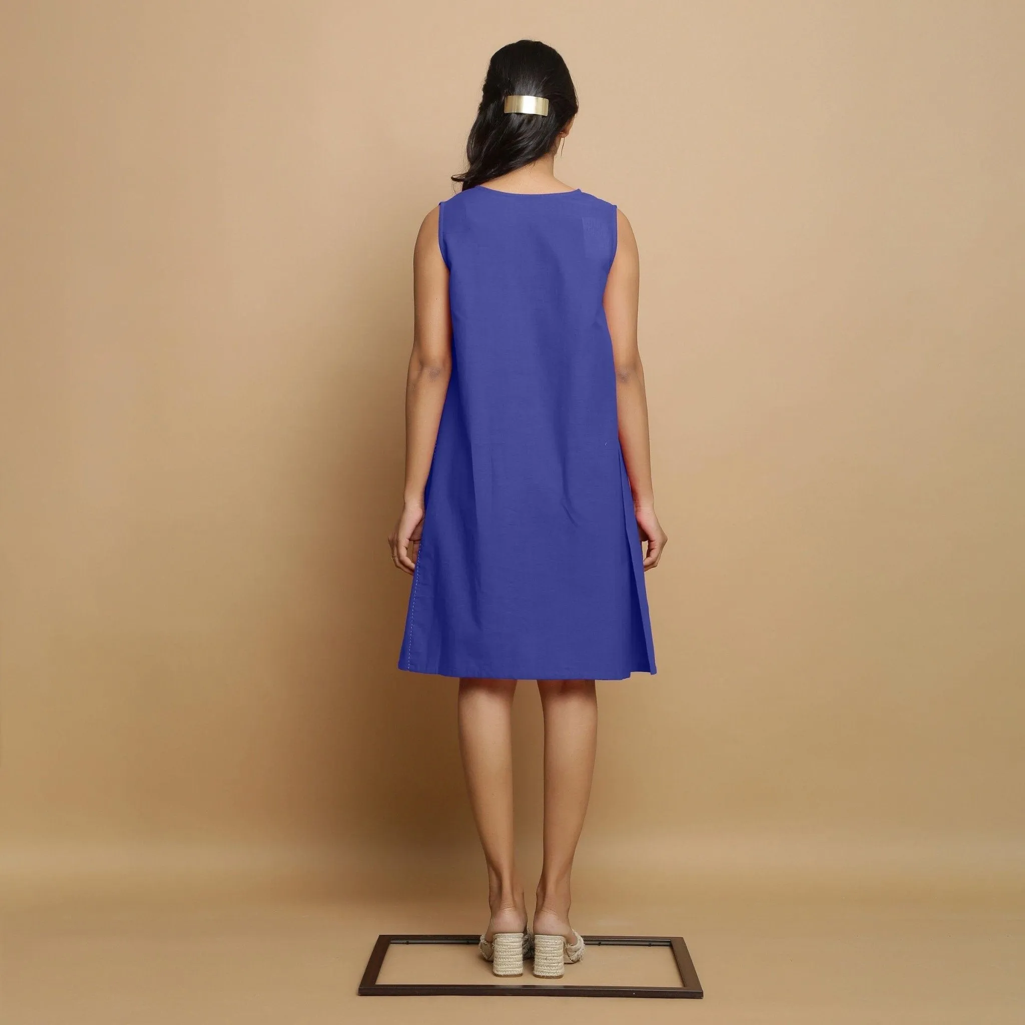 Blue Cotton Poplin Hand Embroidered Knee-Length Godet Dress