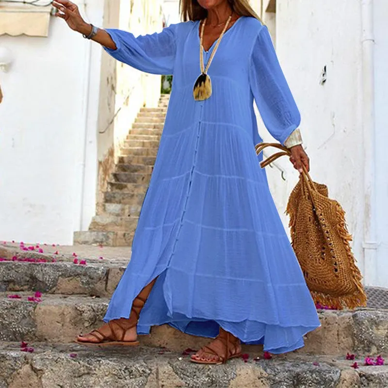 Bohemian Cotton Linen V-Neck and Long Sleeves Maxi Dress