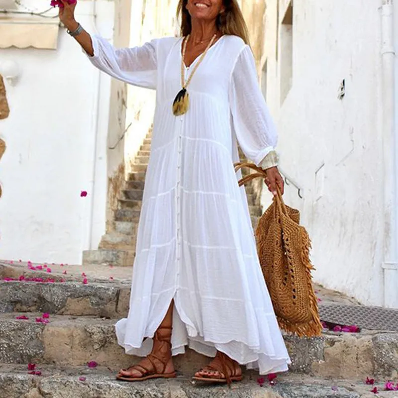 Bohemian Cotton Linen V-Neck and Long Sleeves Maxi Dress