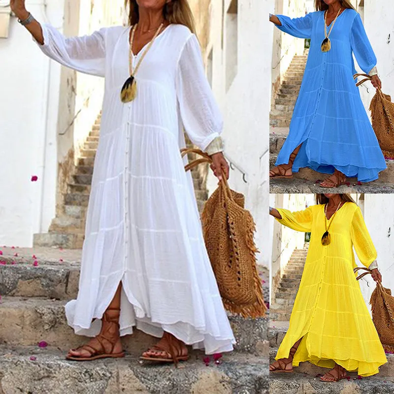 Bohemian Cotton Linen V-Neck and Long Sleeves Maxi Dress