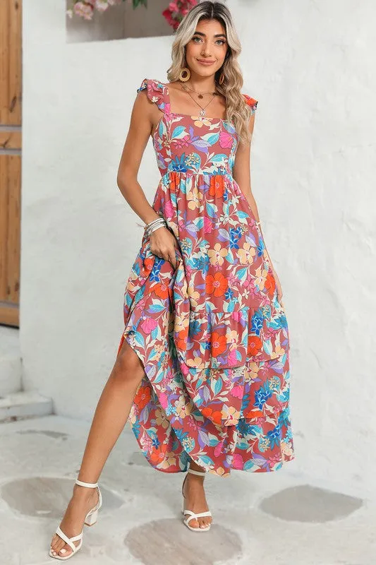 Boho Floral Ruffle Sleeveless Tiered Maxi Dress