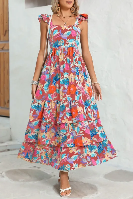 Boho Floral Ruffle Sleeveless Tiered Maxi Dress