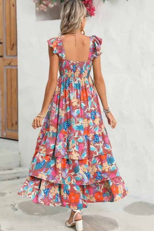 Boho Floral Ruffle Sleeveless Tiered Maxi Dress