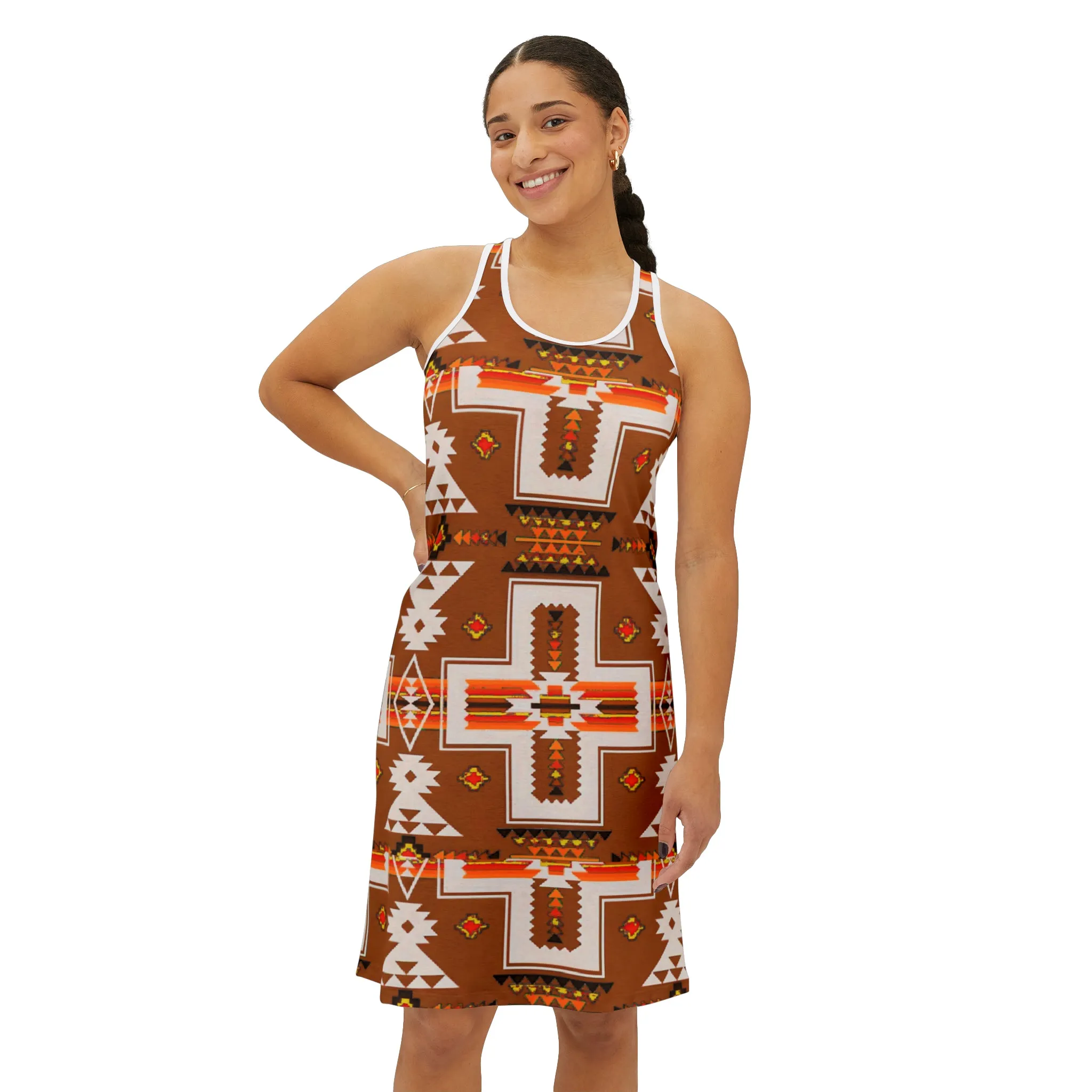 Brown native print Women's Racerback Dress (AOP)