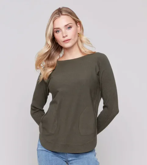 Charlie B Knit Sweater with Back Detail Lace-Up - Spruce