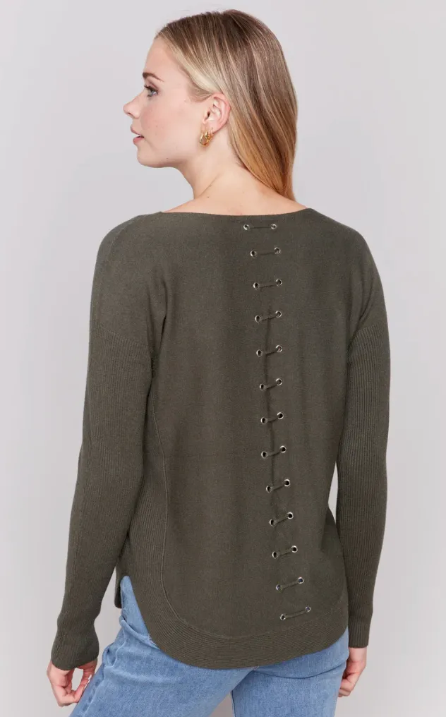 Charlie B Knit Sweater with Back Detail Lace-Up - Spruce