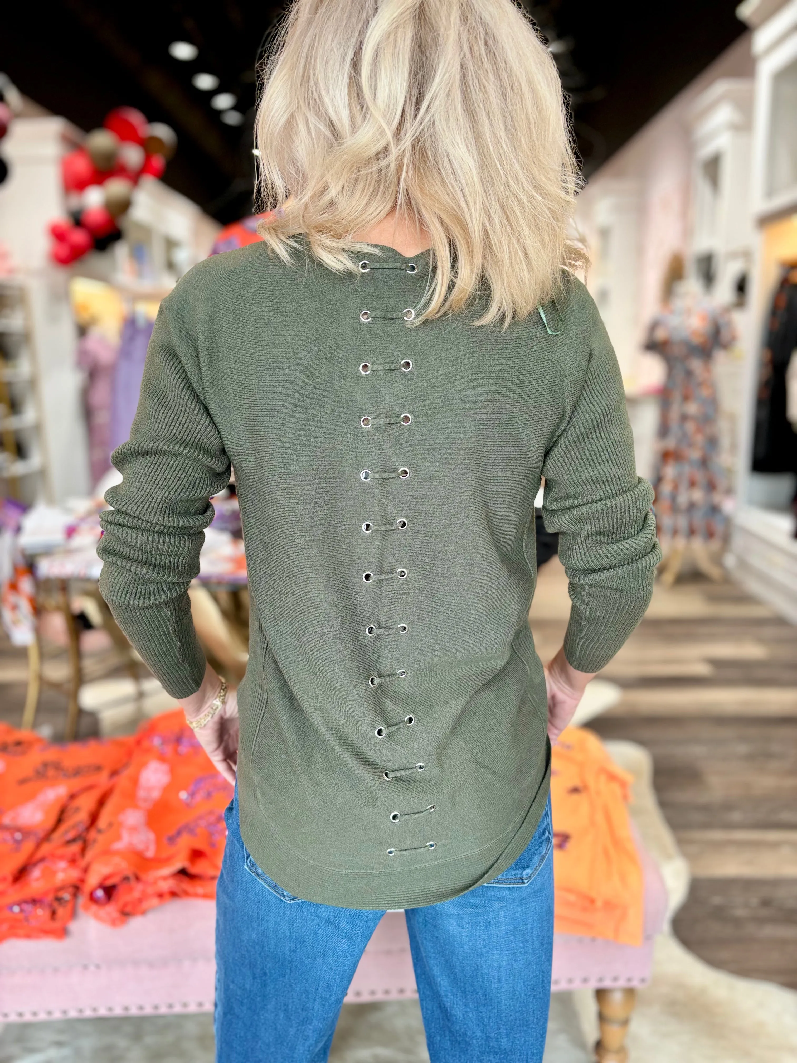 Charlie B Knit Sweater with Back Detail Lace-Up - Spruce