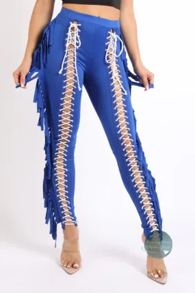 Chic Lace up Detailed Fringe Tassel Pants ROYAL