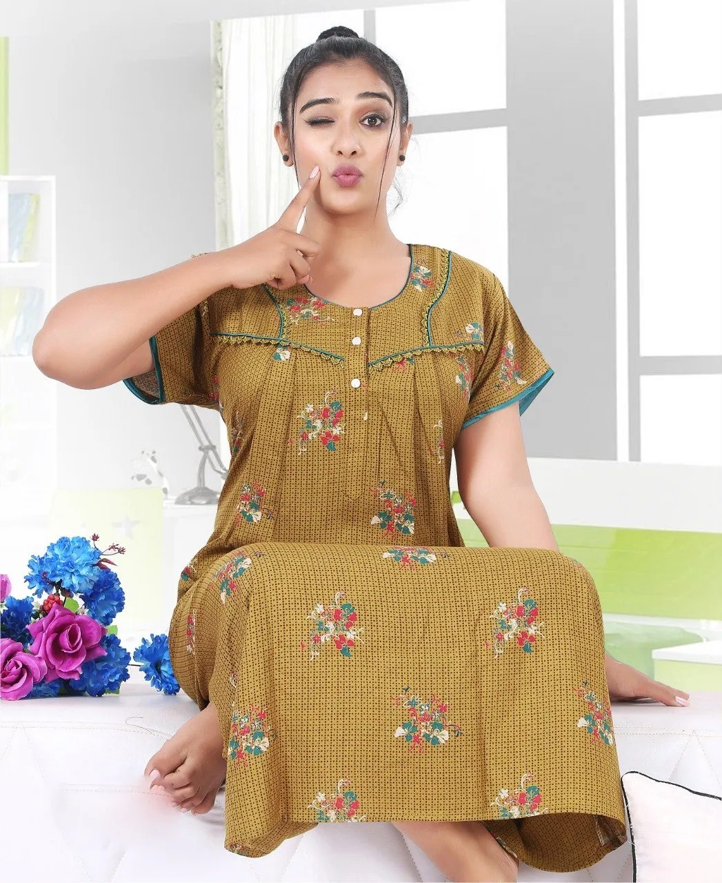 Cotton Long Mustard Nighty Night wear for Women