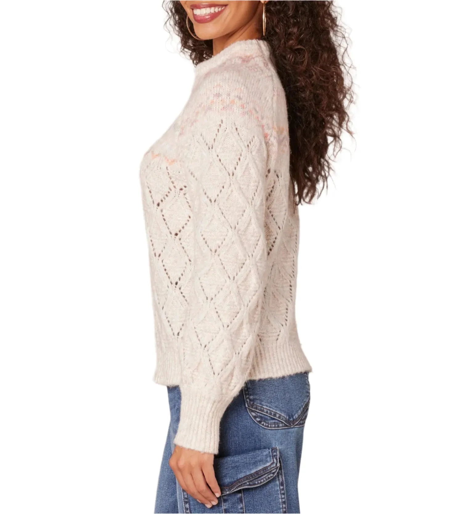 Democracy Womens Long Sleeve Round Neck Fair Isle Yoke Pointelle Mix Sweater