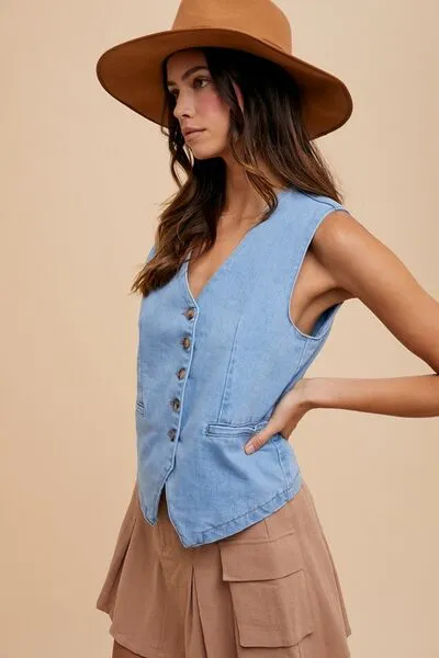 Denim Mood Light Button Down V-Neck Denim Vest