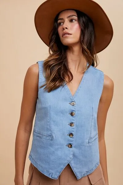 Denim Mood Light Button Down V-Neck Denim Vest