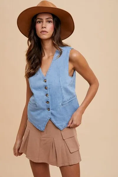 Denim Mood Light Button Down V-Neck Denim Vest