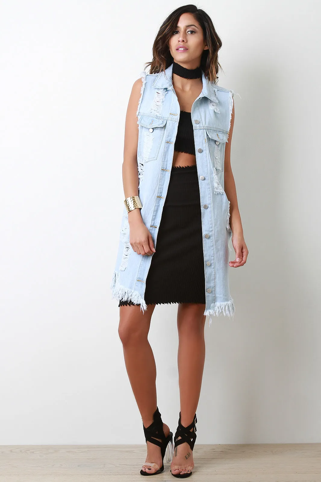 Distressed Fringe Sleeveless Longline Denim Vest