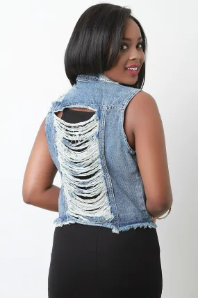 Distressed Sleeveless Slashed Back Denim Vest