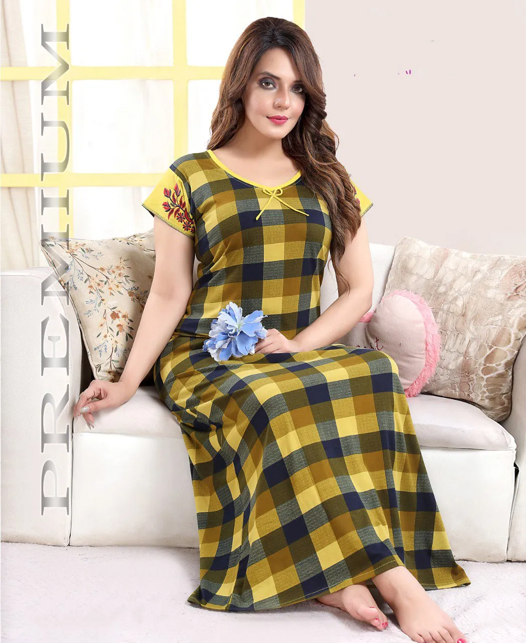 Fancy Yellow Printed cotton hosiery nighty Gown for Women