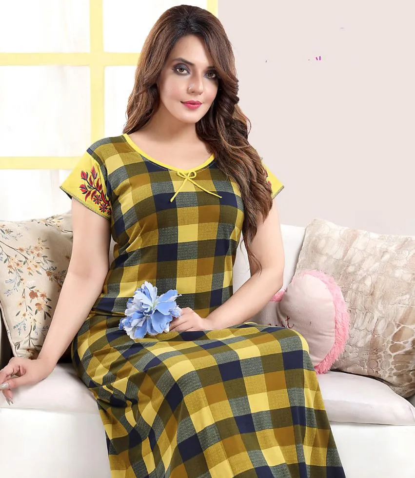 Fancy Yellow Printed cotton hosiery nighty Gown for Women