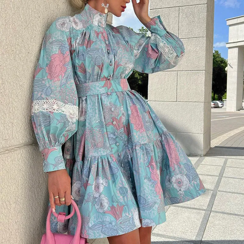 Fashionable Temperament Long Lantern Sleeves High-Necked Fresh Printed Wholesale Mini Dress