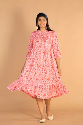 Floral Sanganeri hand block printed cotton dress