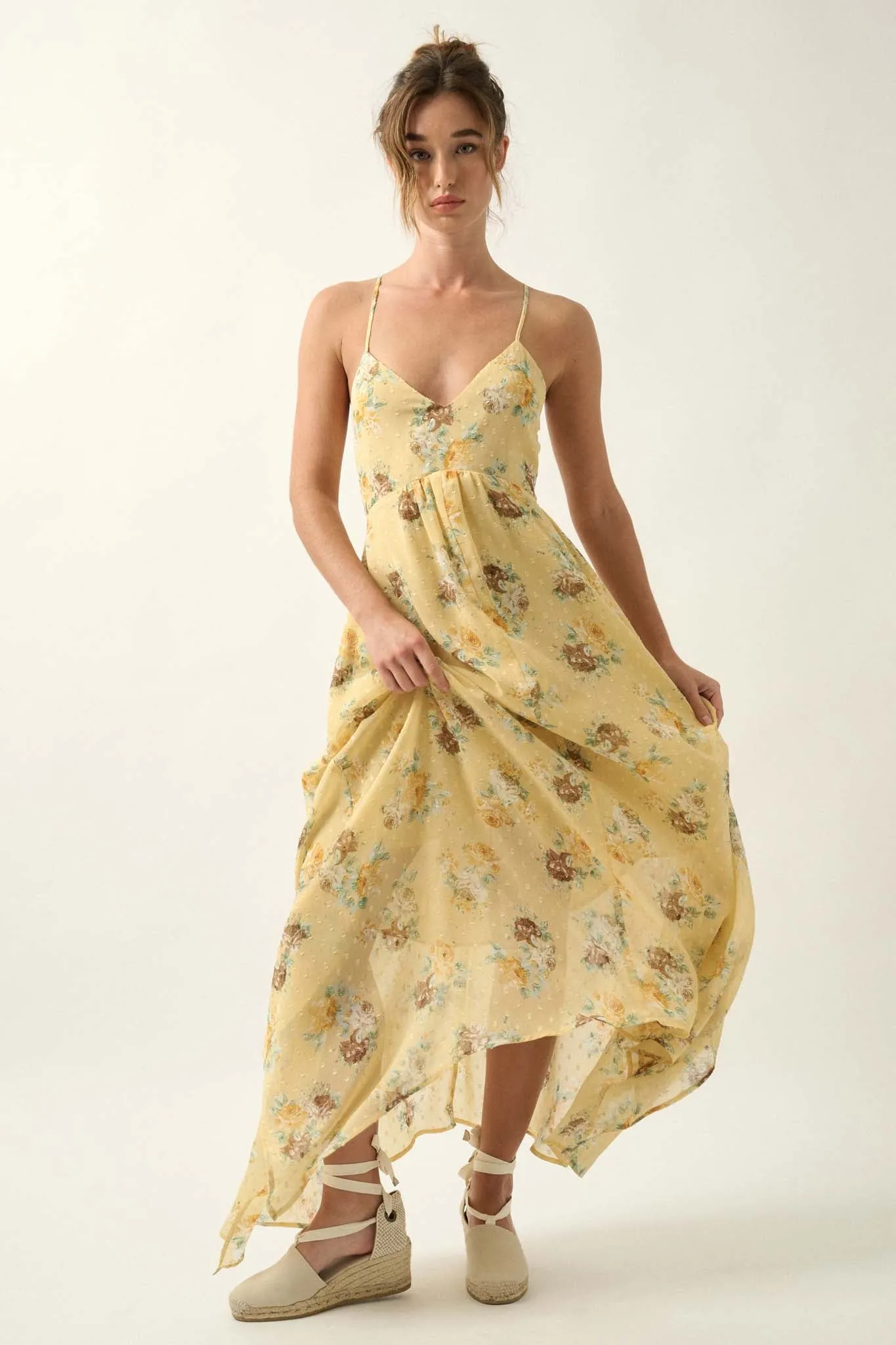 Fresh Roses Floral Swiss Dot Chiffon Maxi Dress