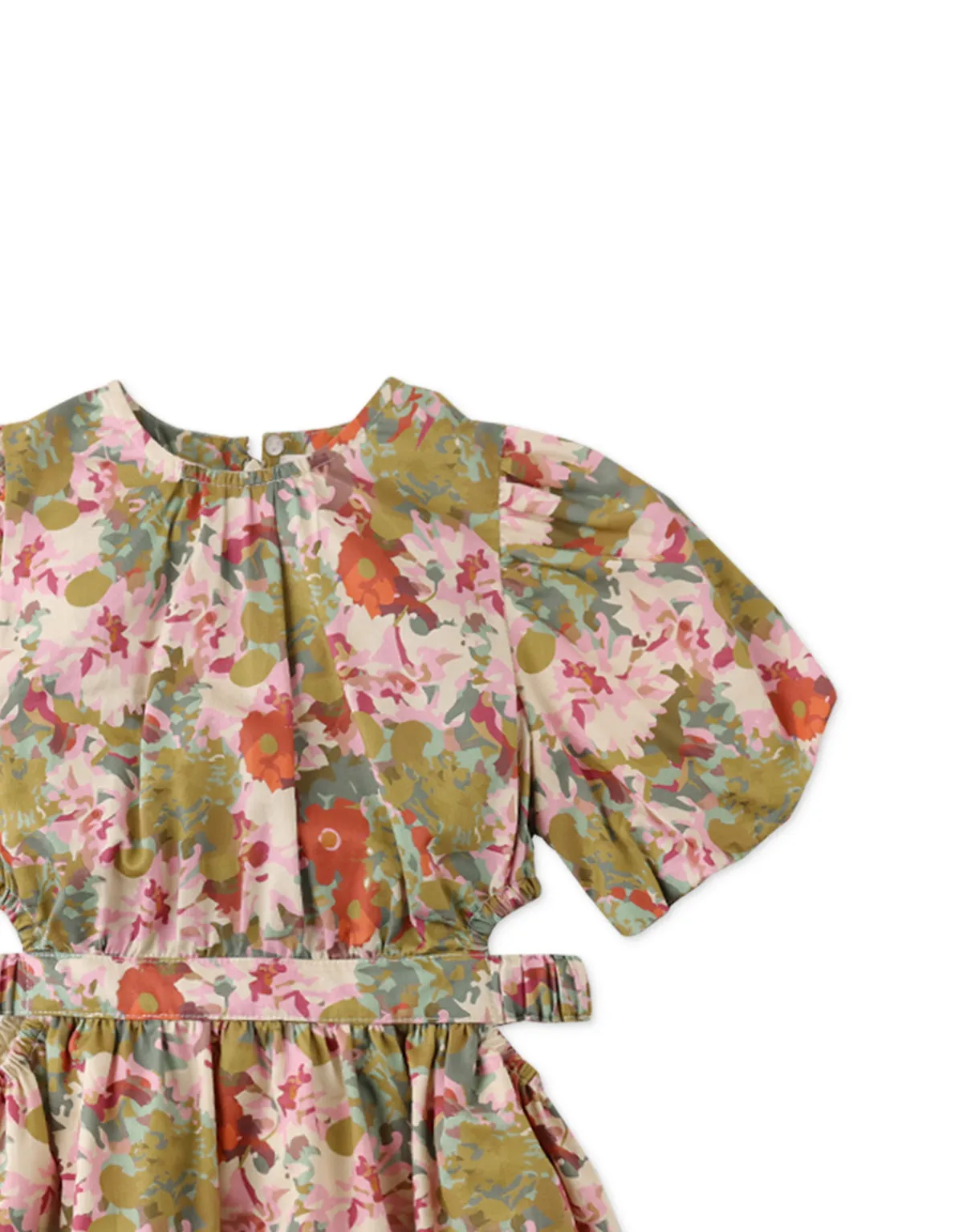 GIRLS FLORAL SIDE CUT-OUT DRESS WITH BUBBLE SLEEVES