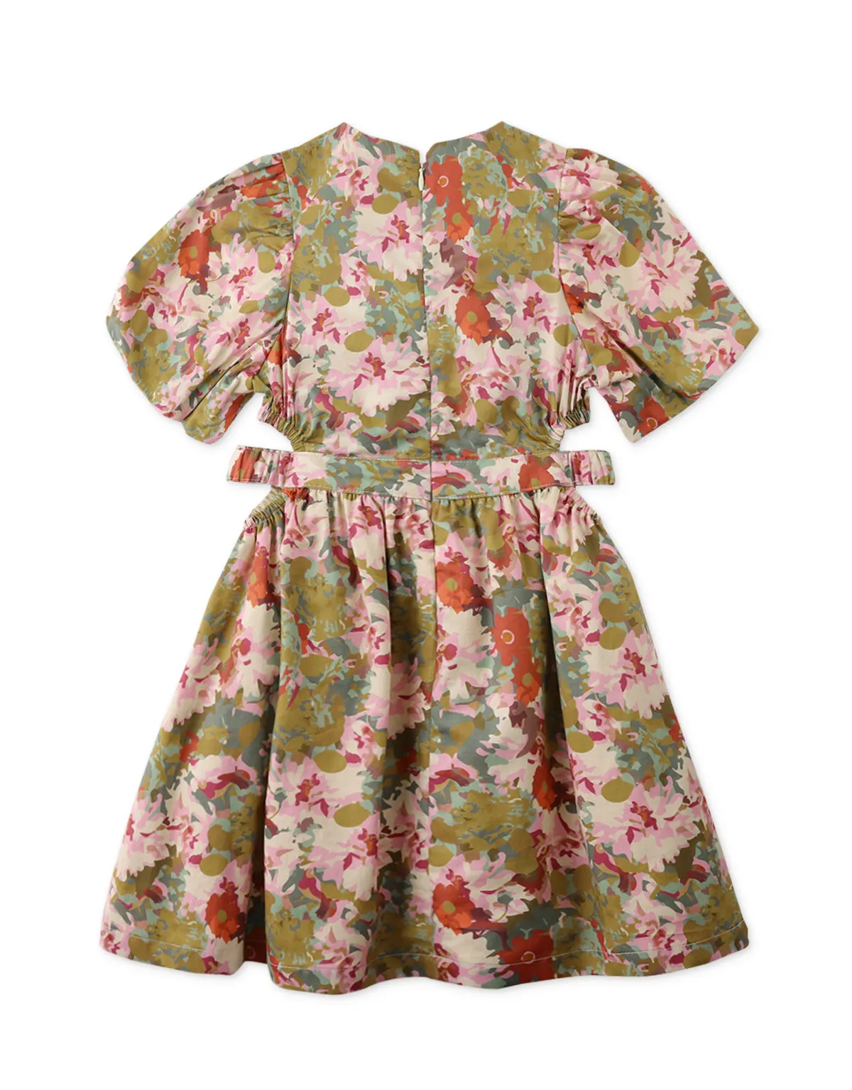 GIRLS FLORAL SIDE CUT-OUT DRESS WITH BUBBLE SLEEVES