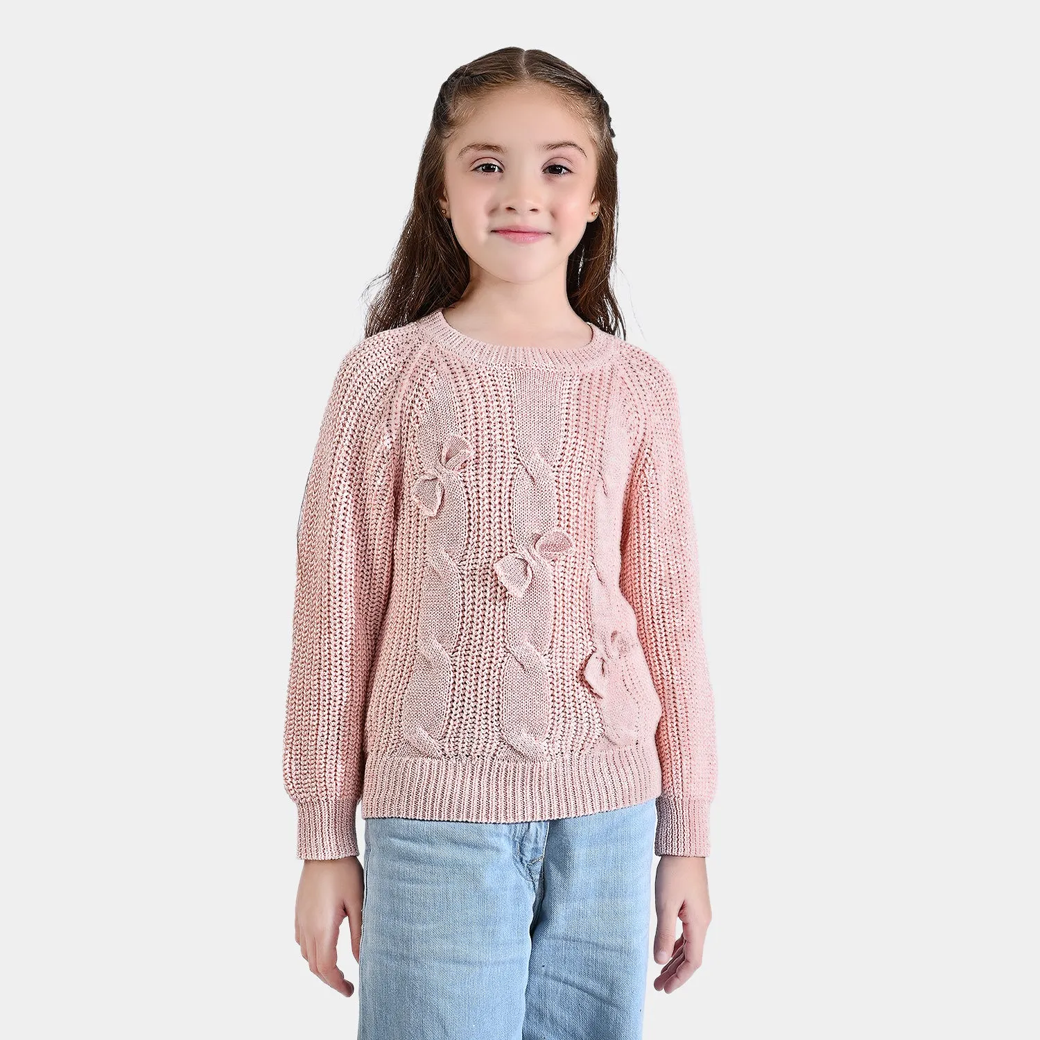 Girls Mix Fabric Sweater 3 Bow -Pink