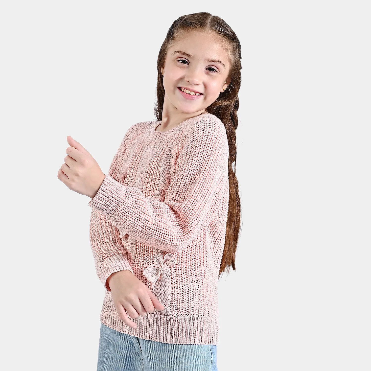 Girls Mix Fabric Sweater 3 Bow -Pink