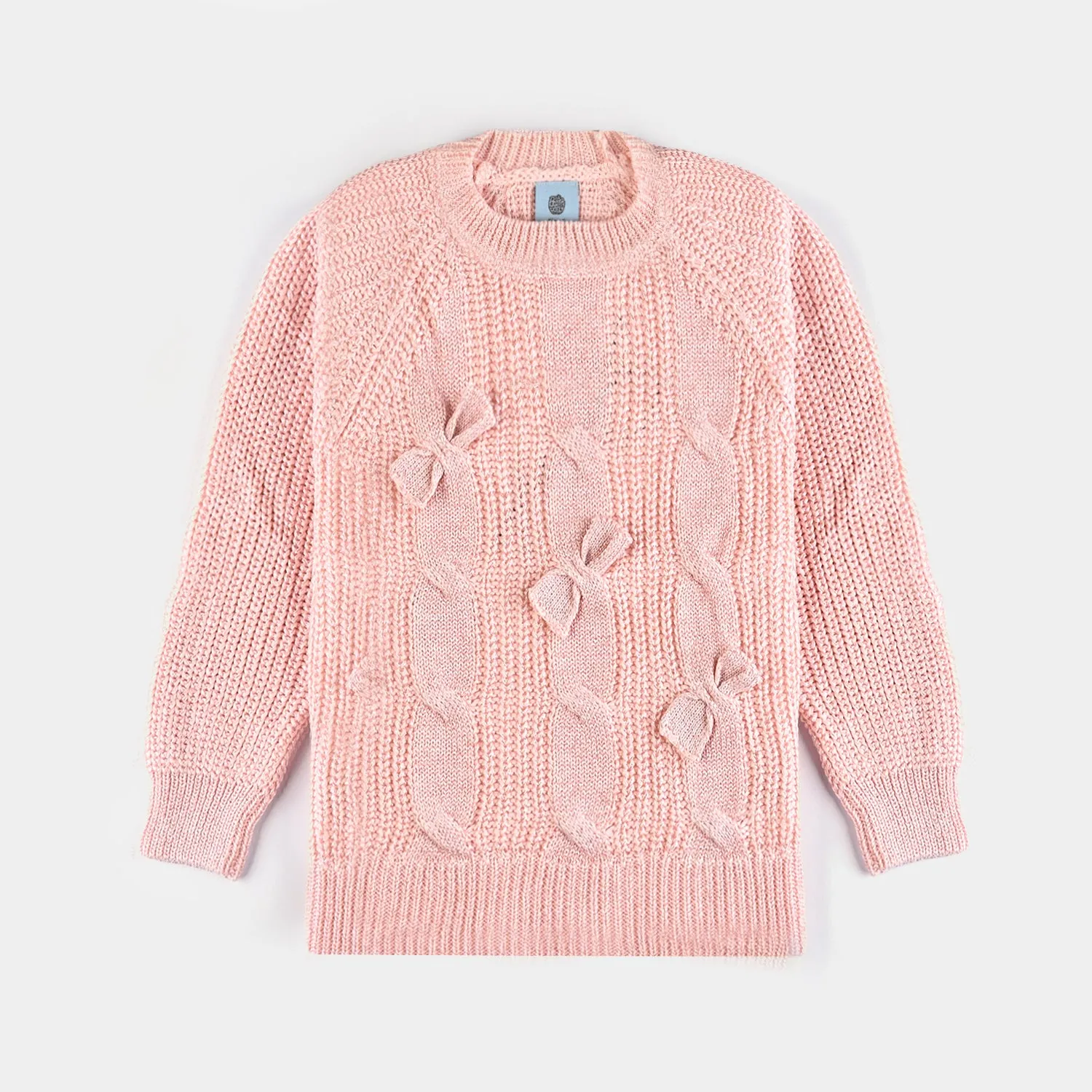 Girls Mix Fabric Sweater 3 Bow -Pink