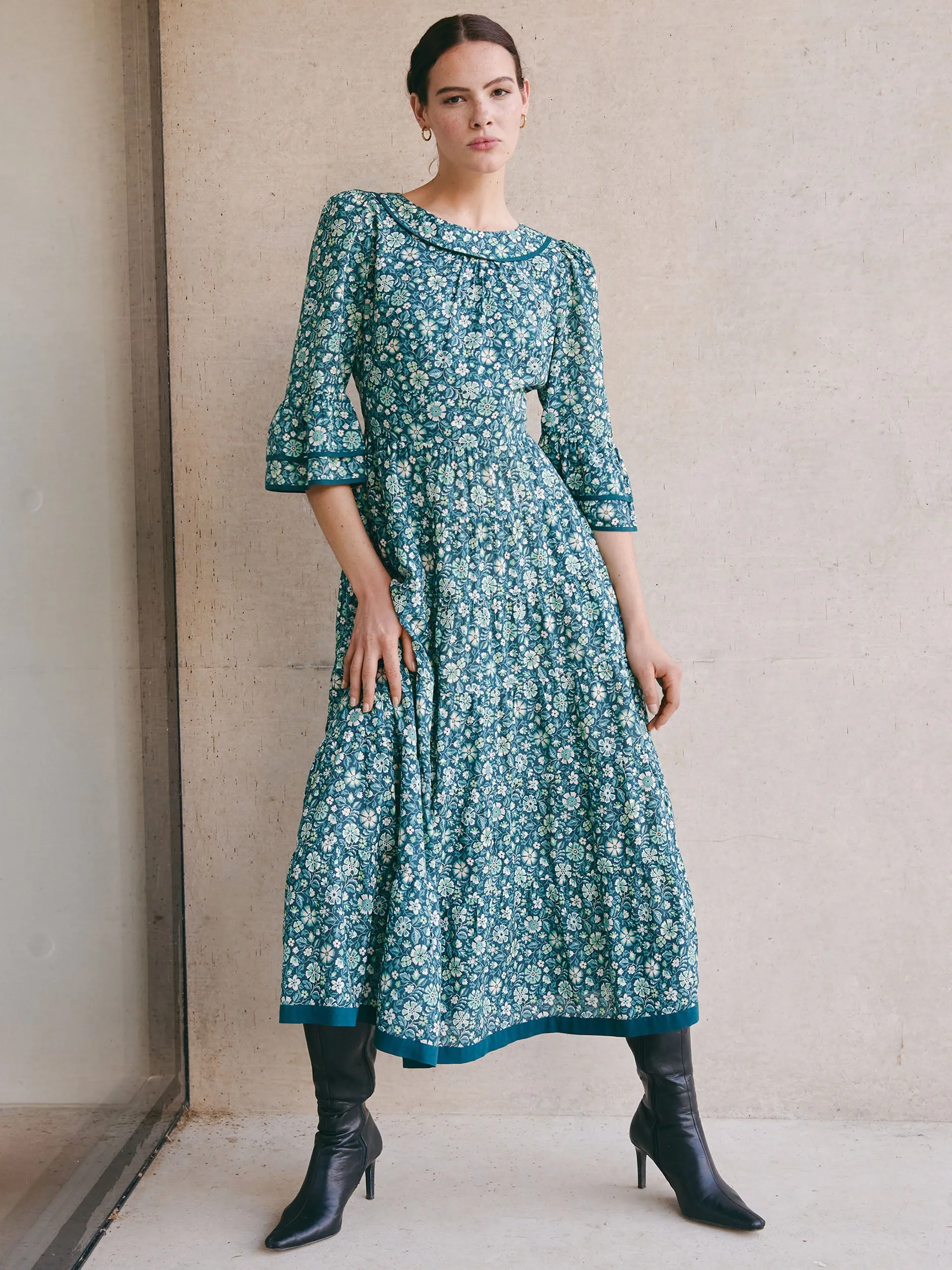 Green ditsy carnation print Elodie cotton blend maxi dress