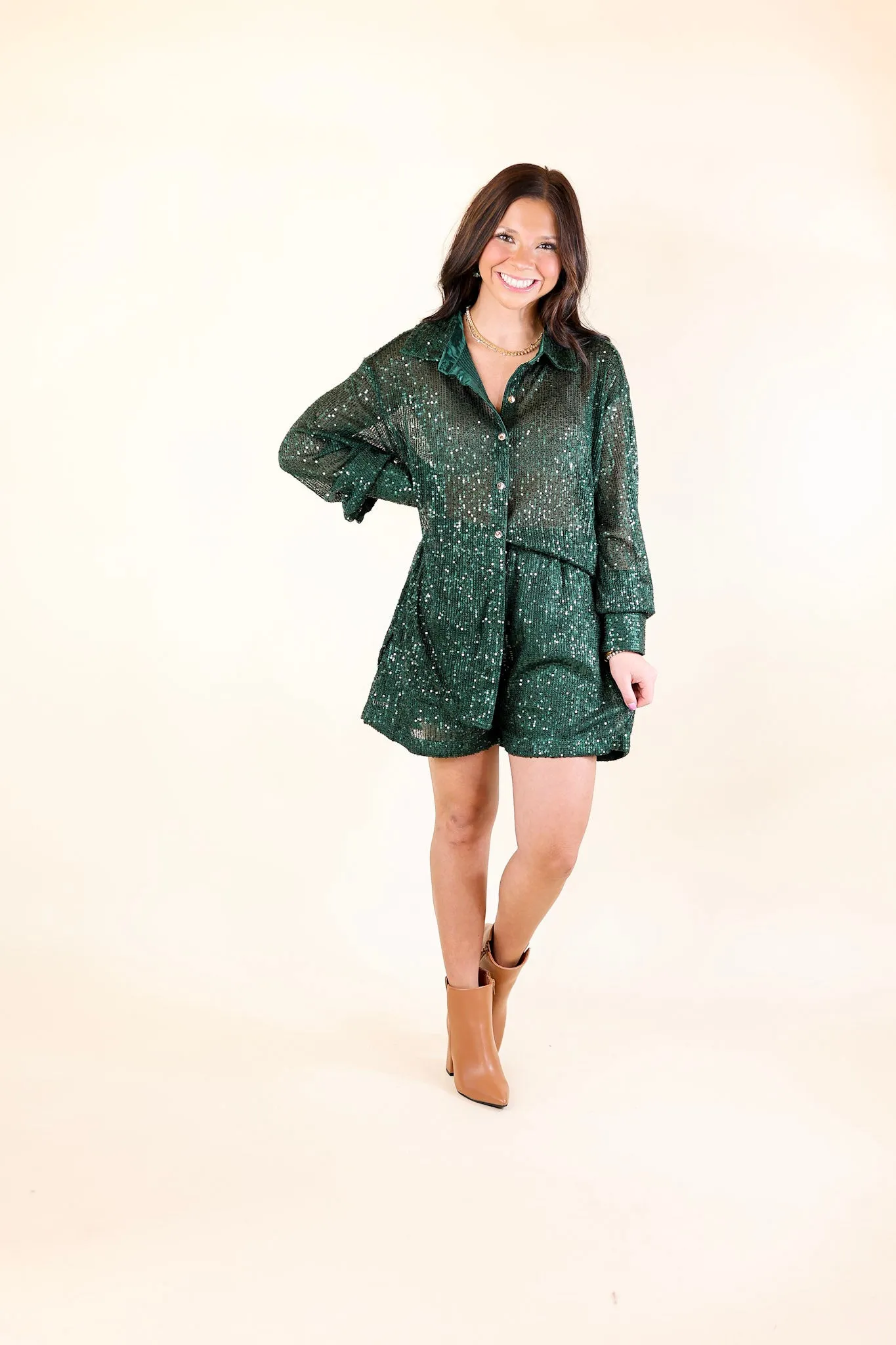 Little Miss Perfect Sequin Button Up Top in Green