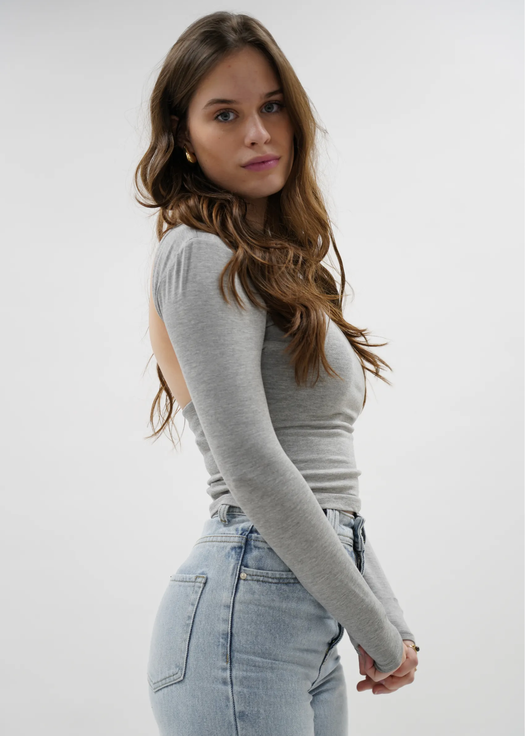 Long sleeve backless top light grey melange