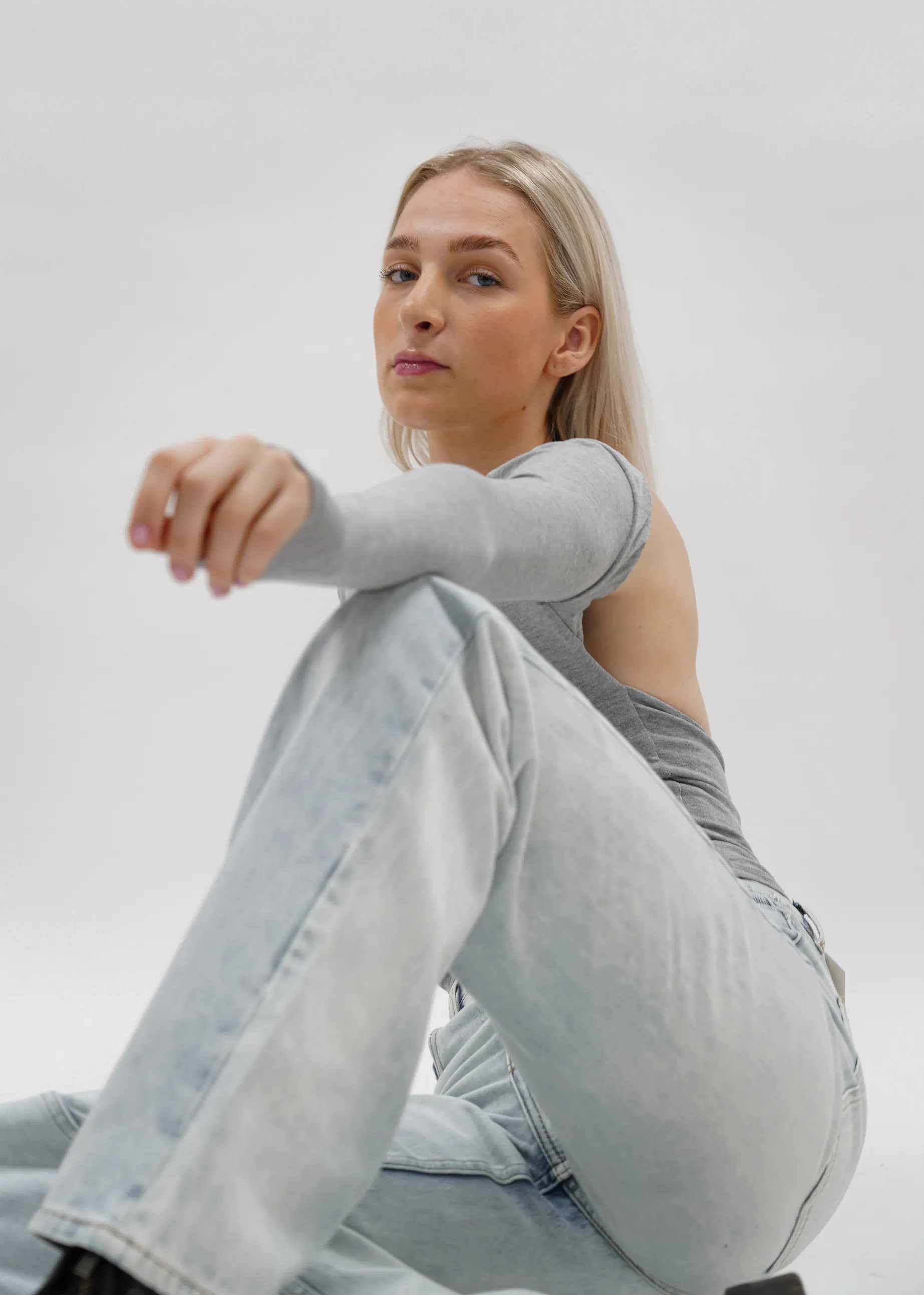 Long sleeve backless top light grey melange