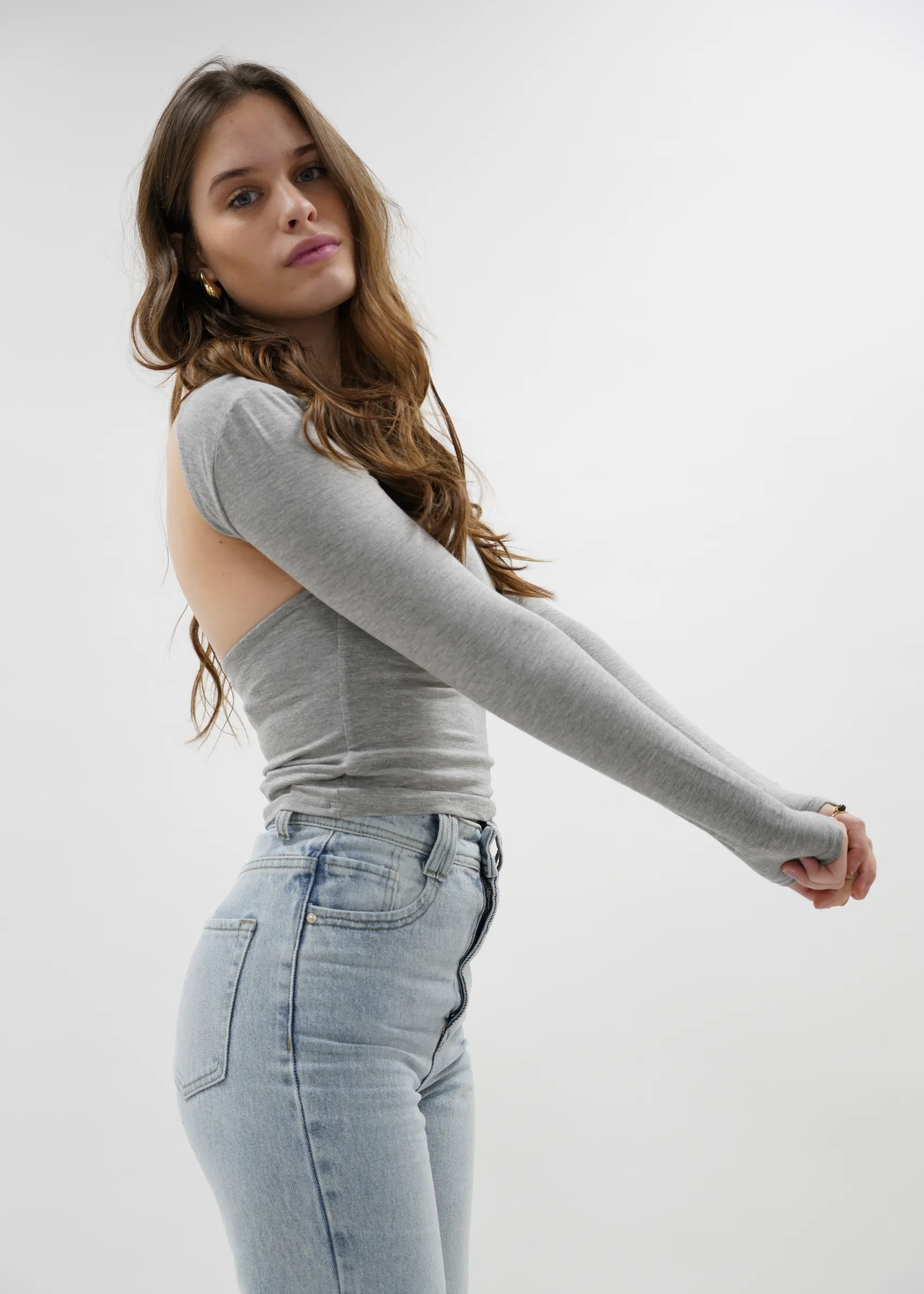 Long sleeve backless top light grey melange