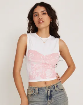 Monlo Vest Top in White Pink Corset Print