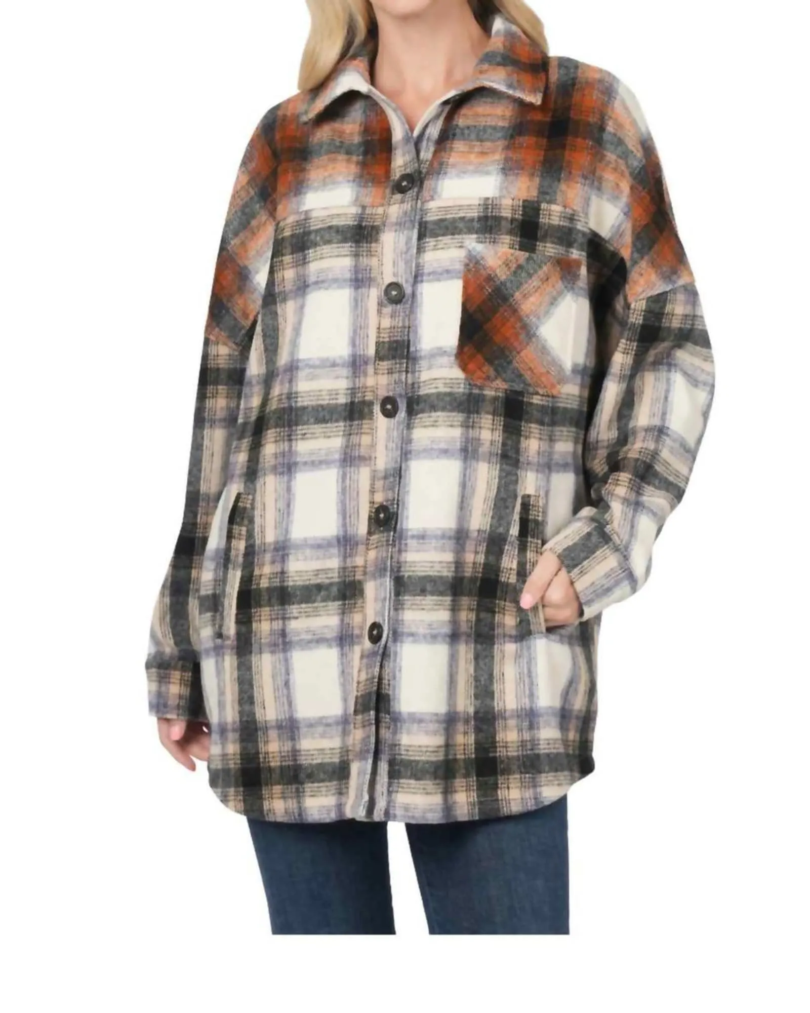 Oversized Yarn Dyed Plaid Shacket in Camel/Rust | Camel/Rust