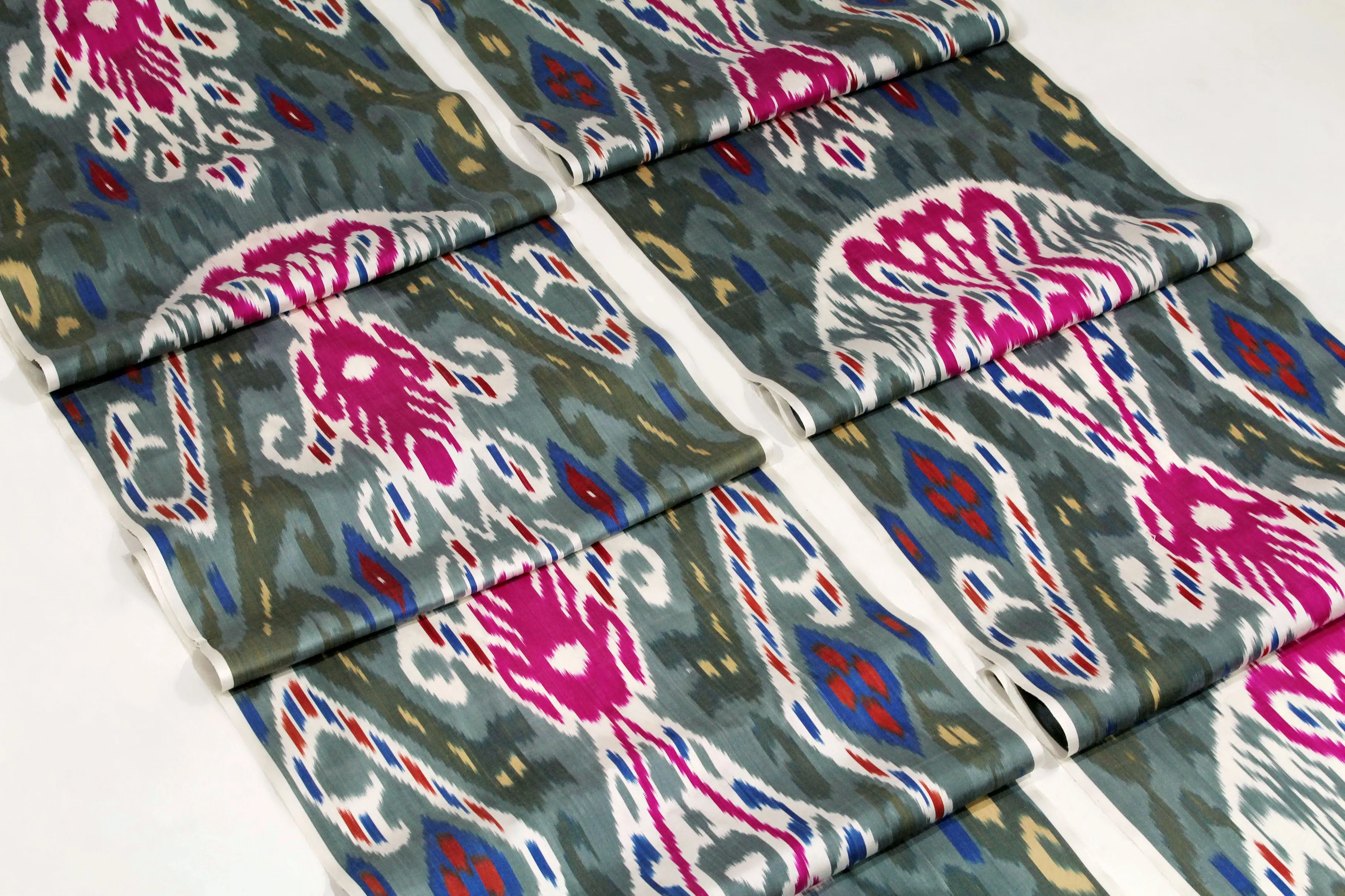 Pink and Grey Silk Ikat Fabric - Soft Ikat Pattern Fabric, Uzbek Upholstery Ikat Textile, Silk Ikat Fabric for Chairs, Boho Upholstery Material