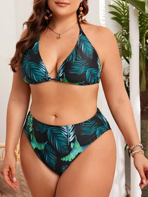 Plus Size Short Drawstring Side Halter Neck Bikini Set With Cover Up Light Blue