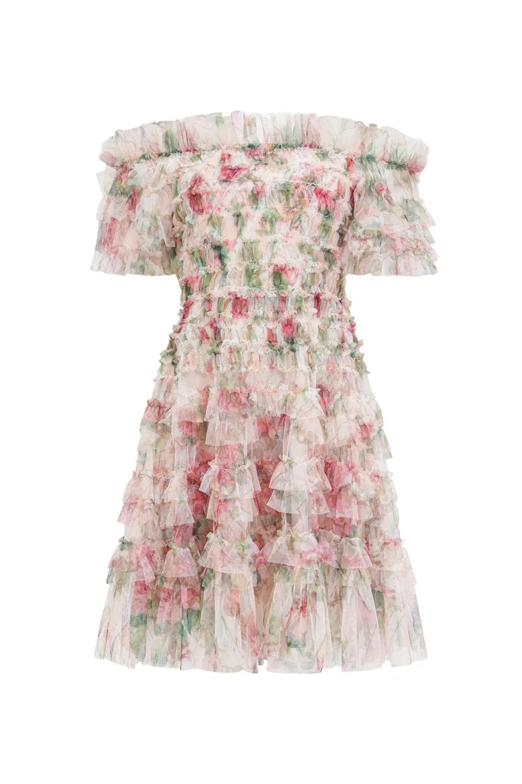 Romantic Floral Printed Off Shoulder Tulle Tiered Ruffle Party Mini Dress